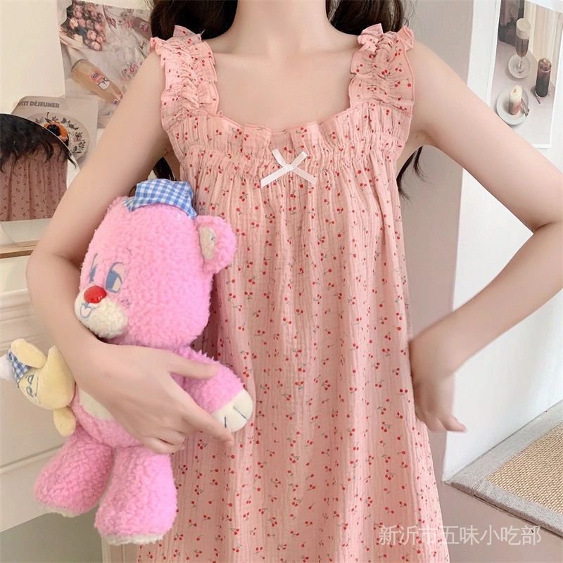 Bộ đồ ngủ mùa hèĐầm Ngủ Hai Dây In Hoa Và Quả Cherry Dễ Thương Thời Trang Mùa Hè 2022