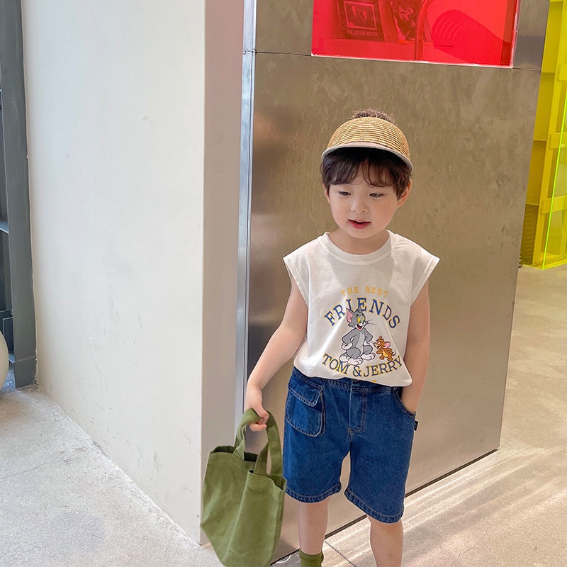 [Babycat] Hàng Có Sẵn Áo Thun Sát Nách Dáng Rộng Mỏng Phong Cách Hàn Quốc Nhật Bản Mùa Hè In Hình Mèo Chuột Phong Cách Phương Tây Cho Bé Trai Mặc Ngoài Trời