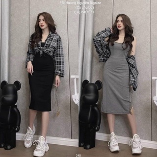 55-90kg bigsize đầm body dài + áo sơ mi caro