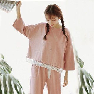 Bộ đồ ngủ dài tay phối viền ren thời trang cho nữ