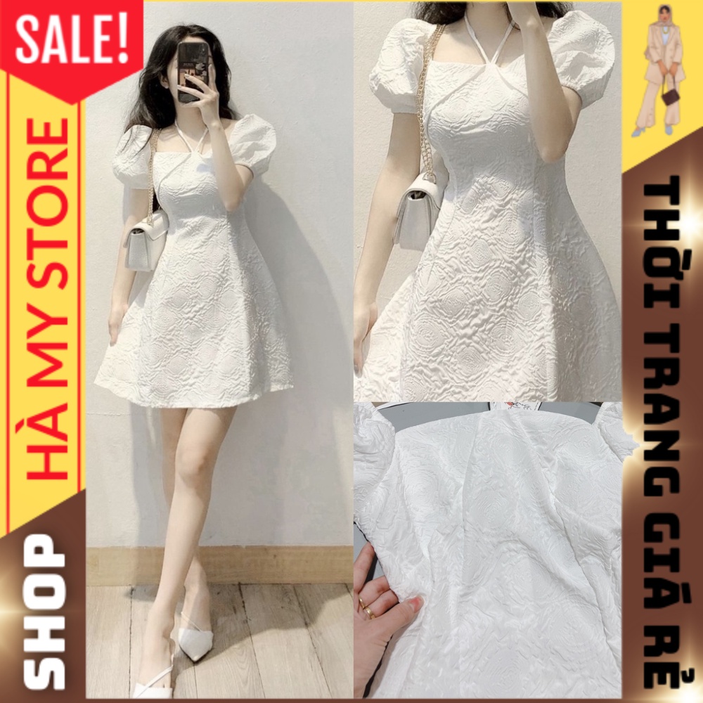 Đầm trắng hoa gấm - Váy trắng tiểu thư, sang chảnh, tay bồng nhẹ mix cổ yếm, hàng đẹp - Hà My Store