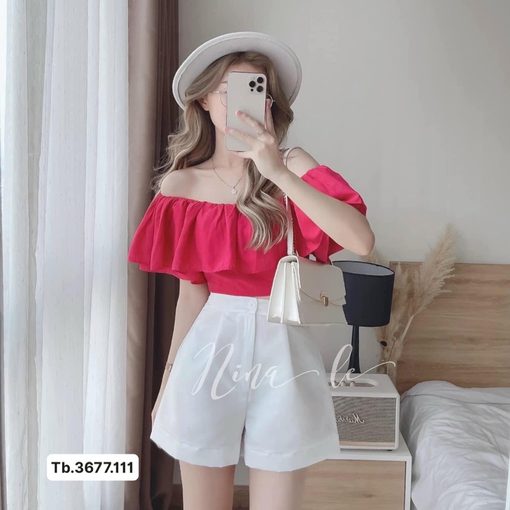 Set bánh bèo hồng trễ vai mix quần short cá tính, áo 2 tầng kèm quần short trắng, mua 1 được 2
