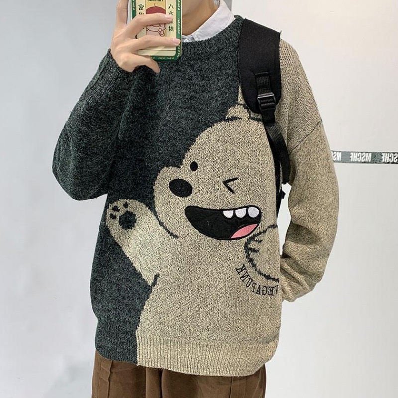 Áo Sweater Dệt Kim Tay Dài Dáng Rộng In Hoạt Hình Kiểu Hồng Kông Thời Trang Thu Đông Cho Nam Tf1