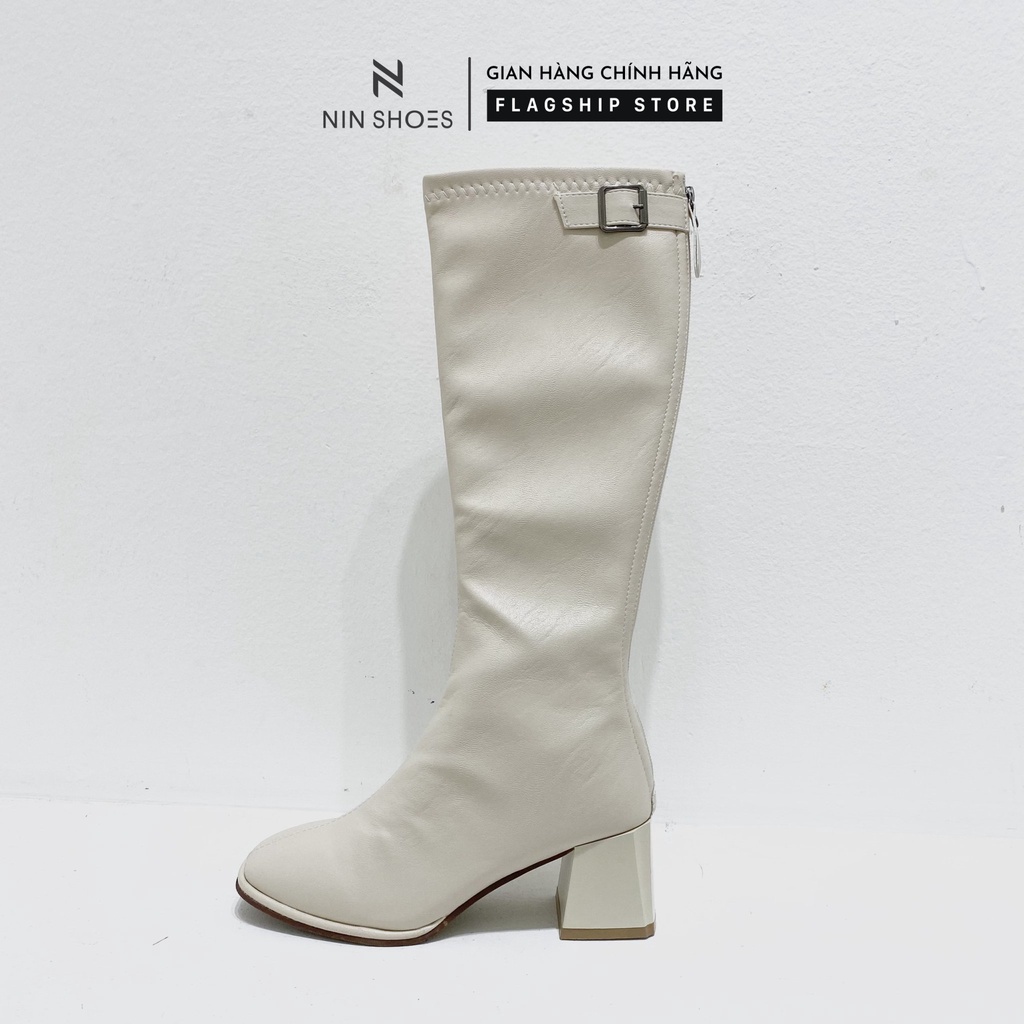 Giày boot đùi nữ 7p gót vuông khóa hông giả kéo khóa sau da si Ninshoes | BigBuy360 - bigbuy360.vn