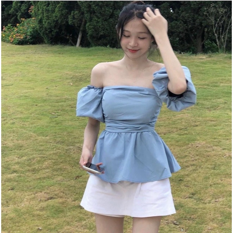 ÁO CROPTOP PEPLUM XANH XẾP NGỰC RỚT TAY PHỒNG