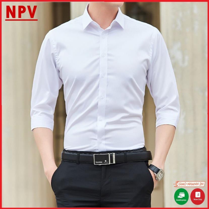 Áo sơ mi nam dài tay NPV cổ bẻ, áo sơ mi trắng vải lụa nến không nhăn không xù *