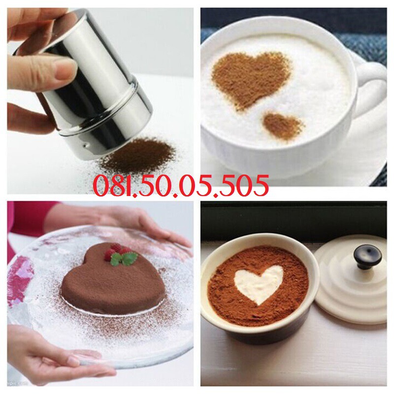 Lọ rắc bột cacao tạo hình chất liệu inox và Khuôn vẽ hình capuccino điệu nghệ