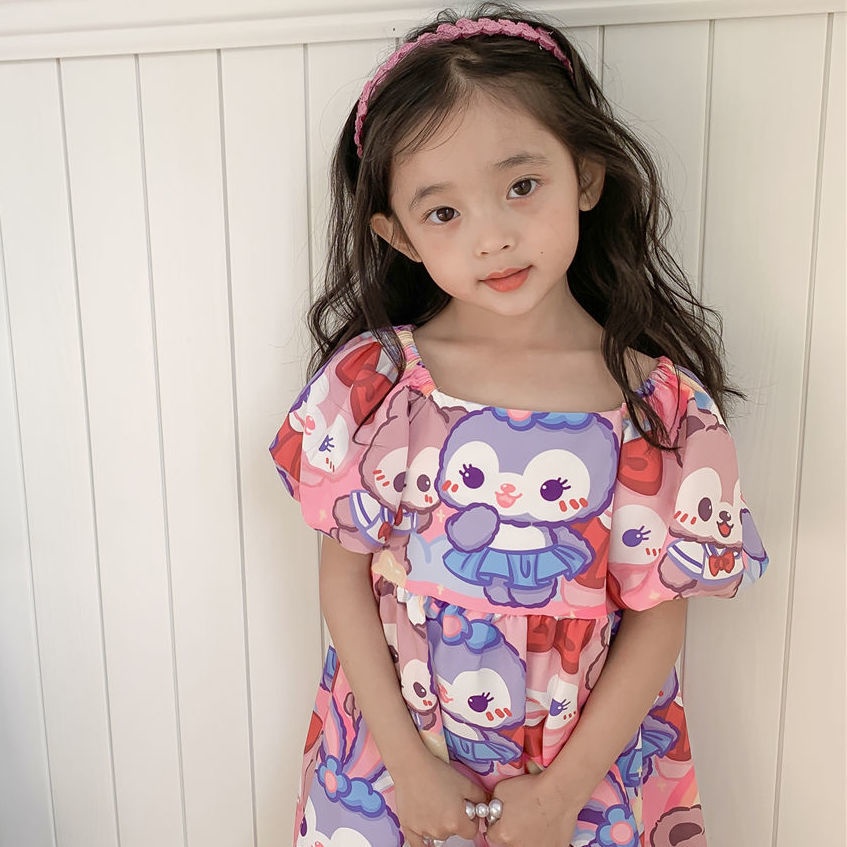 Đầm Ngắn Tay Họa Tiết Thỏ Hoạt Hình Thời Trang Mùa Hè Hàn Quốc 2023 Dành Cho Bé Gái