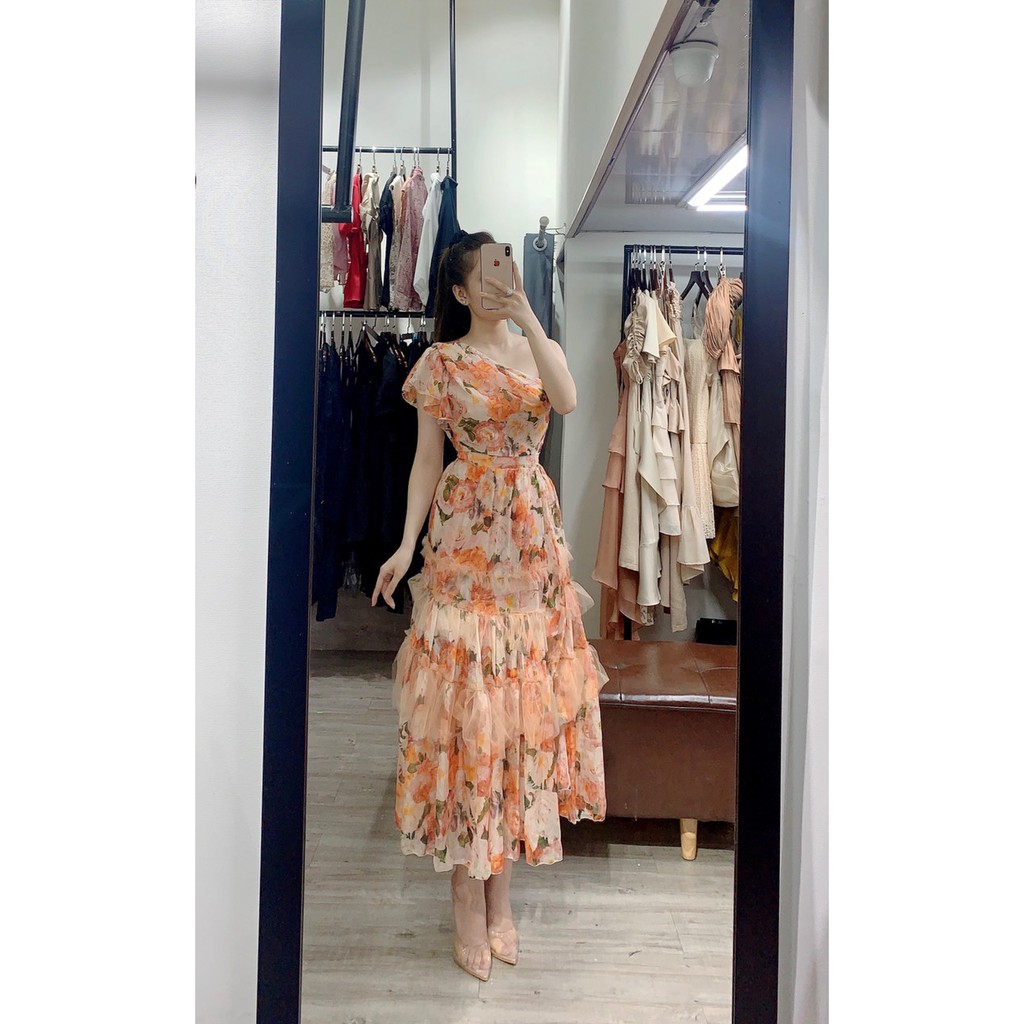 Váy maxi lệch vai Tầng Hoa cam 1325 EC - MH ẢNH THẬT váy dự tiệc váy đi làm đầm thiết kế đầm công sở | BigBuy360 - bigbuy360.vn