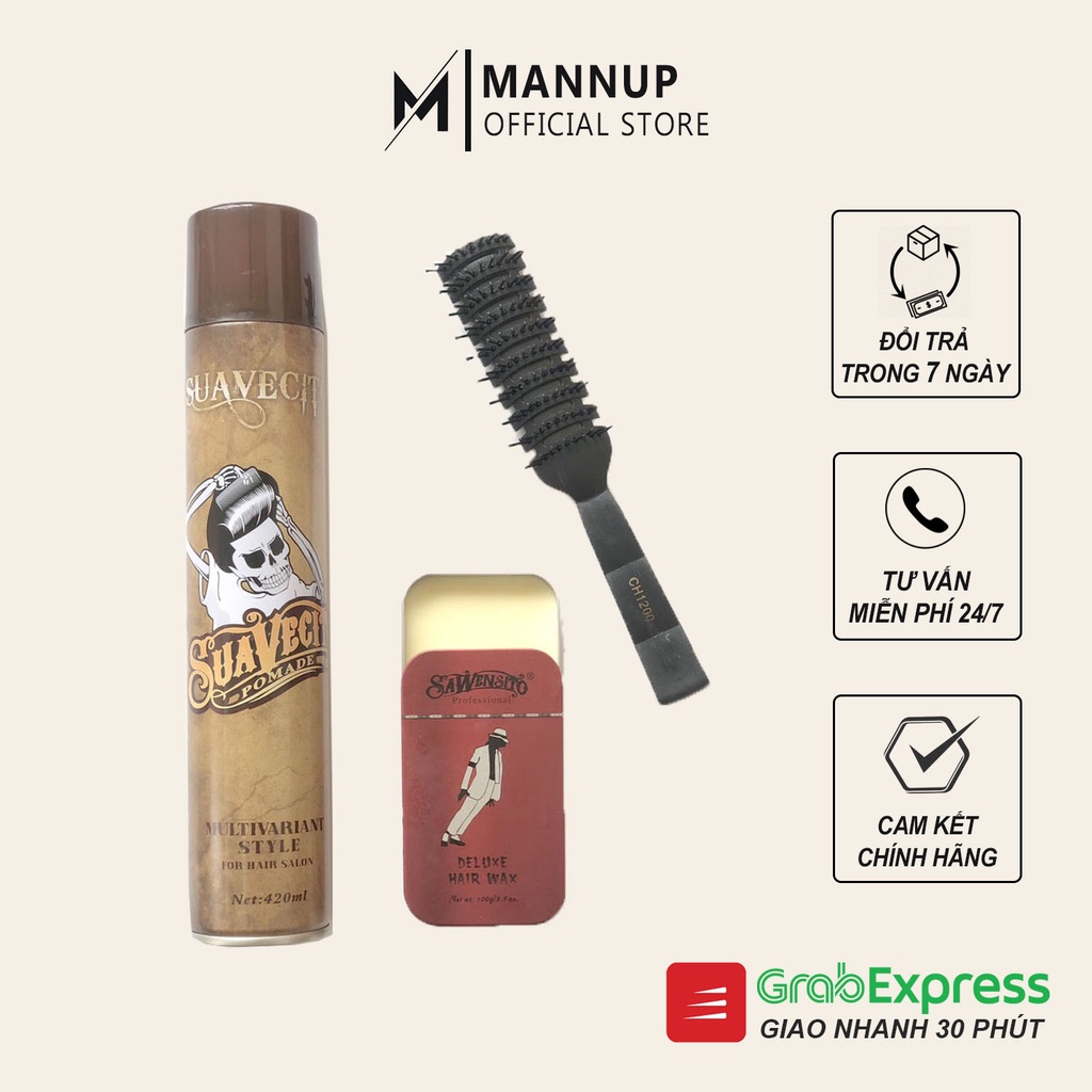Combo Xịt Tóc Suavecito 400ml + Sáp Vuốt Tóc Sawencito 100g + Lược Tạo Kiểu Tóc Chaoba CH1200 - Hàng Chính Hãng