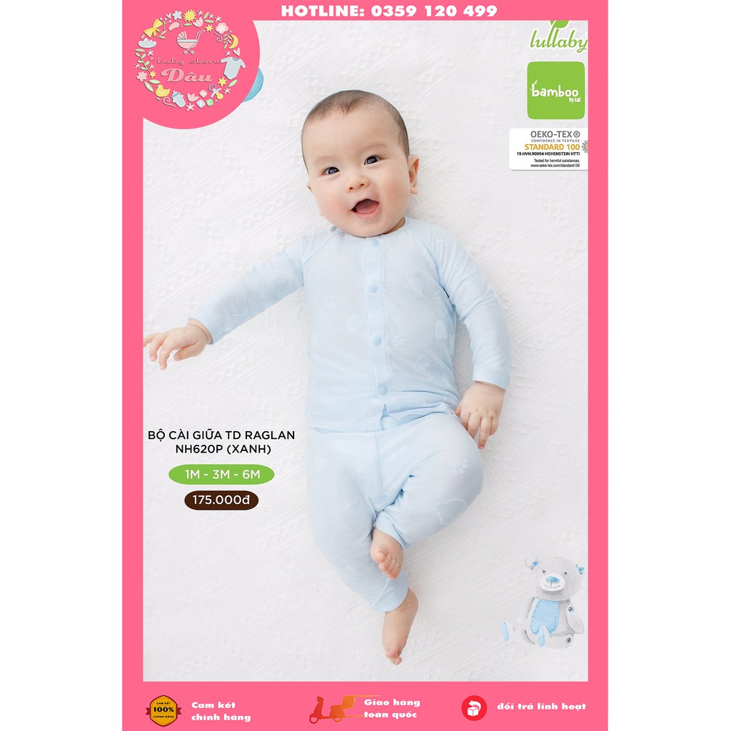 Set sơ sinh cài giữa dài tay hè Lullaby màu xanh/hồng - vải sợi tre cực thoáng - size từ 1- 6 tháng
