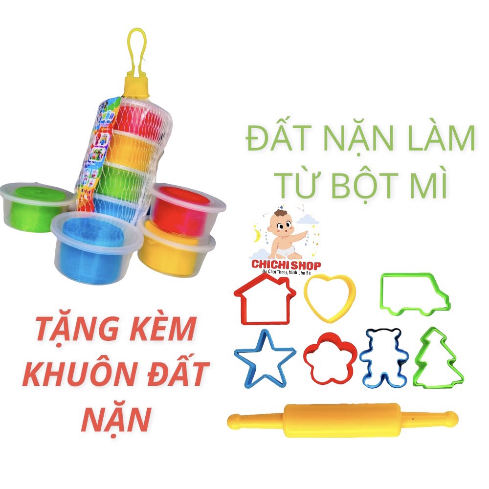 (Tặng Kèm Khuôn Đất Nặn Tạo Hình) Bộ 4 Hộp Màu Đất Nặn Làm Từ 100% Bột Mì Không Khô Không Dính Tay An Toàn Cho Bé