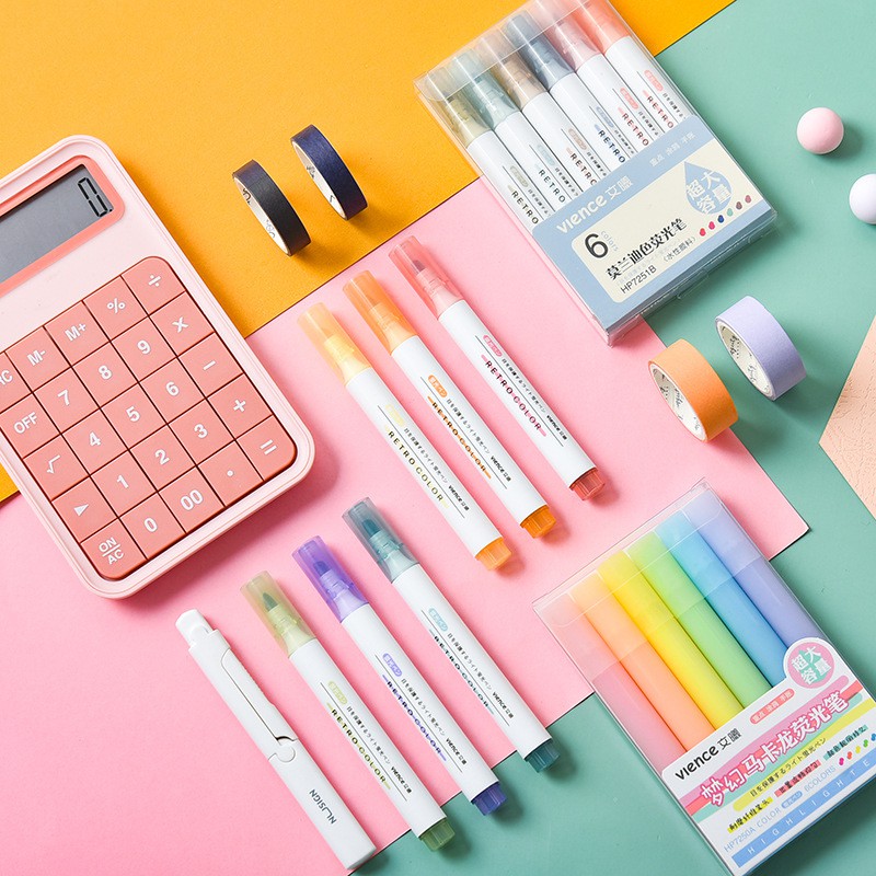 Bộ 6 bút dạ quang 6 màu highlight pastel , bút đánh dấu 2 đầu nhớ dòng cute sáng tạo nhiều màu marker 12 mẫu