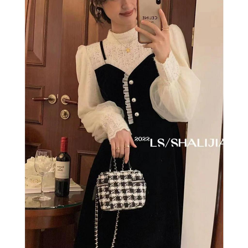 Váy Nhung Nữ giả hai chi tiết Hepburn dáng dài kín đáo cho bạn nữ thêm quý phái