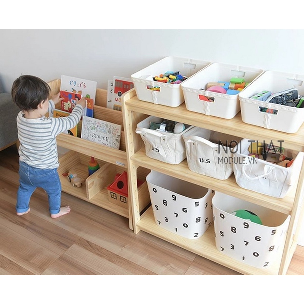 Kệ giá sách đa năng cho bé, kệ để đồ chơi sách vở montessori gỗ thông tự nhiên sx noithatmodule