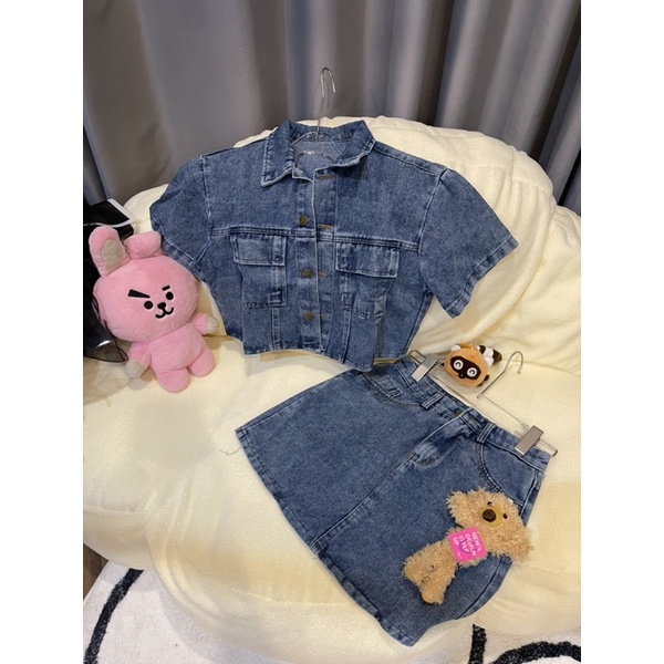 SET BỘ ĐI CHƠI - ÁO SƠ MI DENIM KÈM CHÂN VÁY CÓ GẮN GẤU DỄ THƯƠNG CAO CẤP - CÓ SIZE - HB031 vs HB029