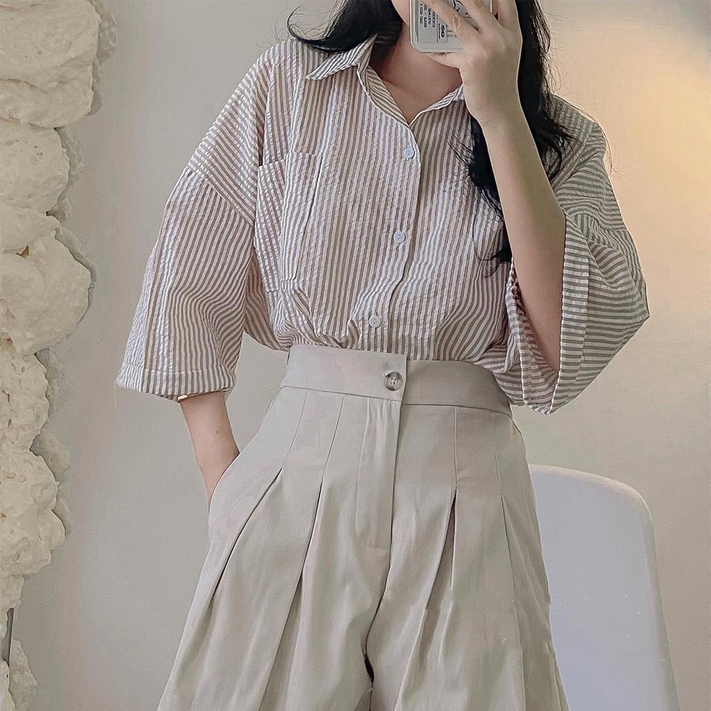 Áo sơ mi kẻ sọc dáng rộng Ulzzang - Ảnh thật