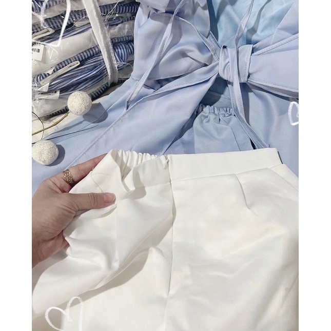 SET ÁO BABYDOL XANH CỘT NƠ LƯNG + SHORT TRẮNG