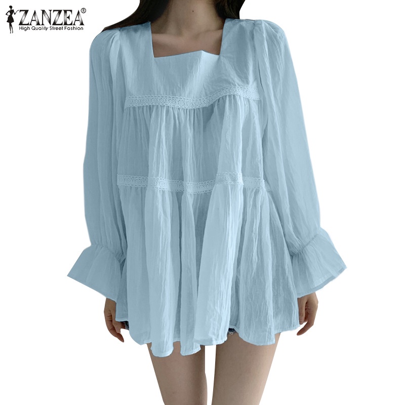 Áo kiểu ZANZEA cổ vuông tay dài kiểu loe ghép nối thời trang cho nữ