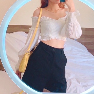 Áo croptop đắp chéo ngực dài tay nhún ôm body 033 FIORI STORE