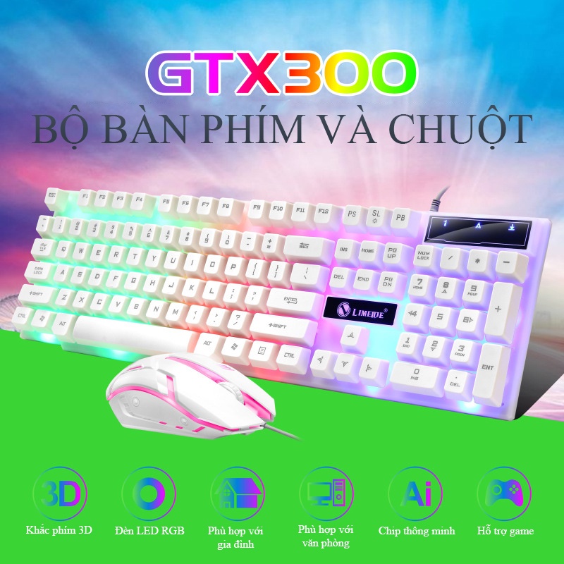 Bộ bàn phím gaming GTX300 phím giả cơ led siêu đẹp chuyên chơi game, văn phòng cho máy tính, 10 triệu click - k1316