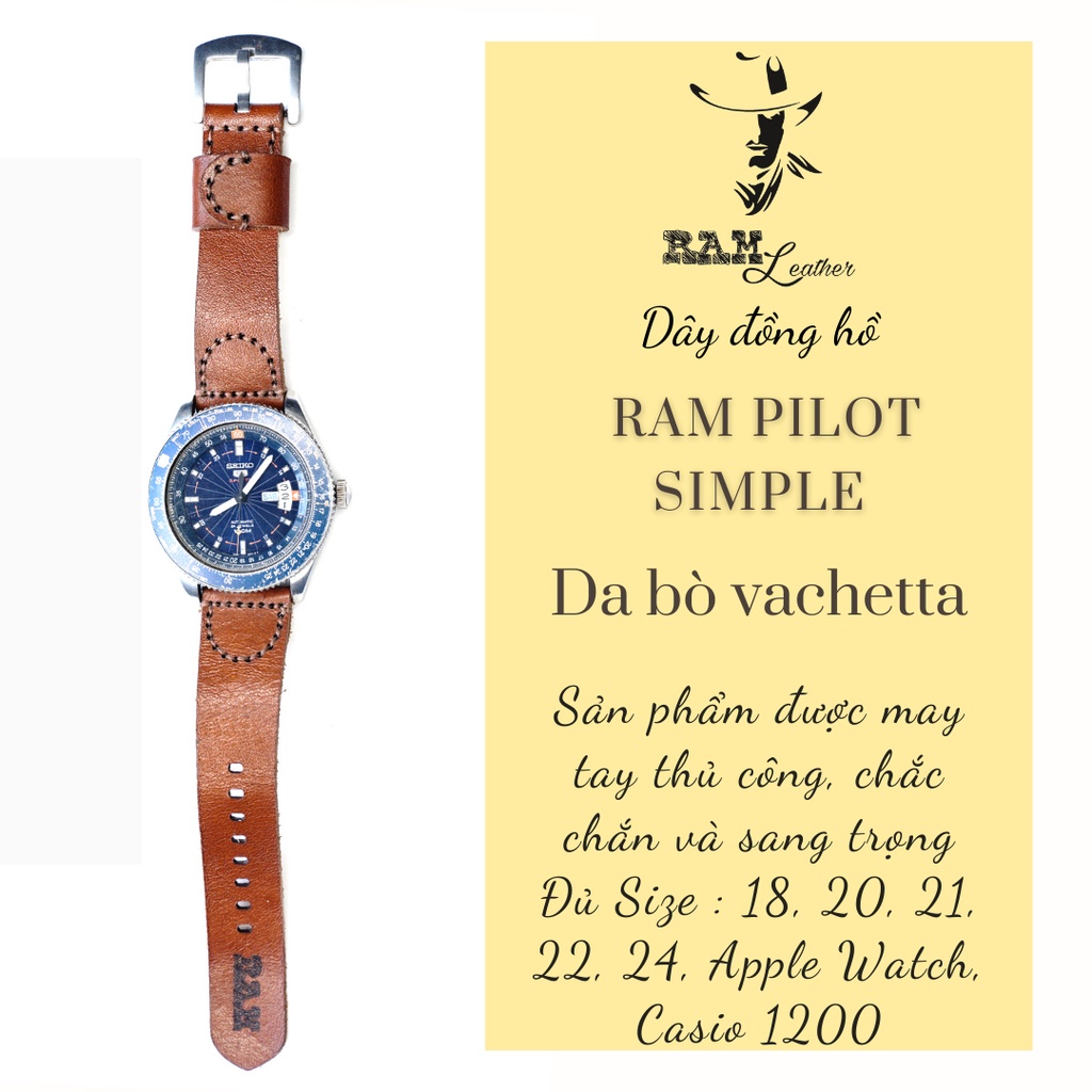 Dây đồng hồ RAM Leather vintage pilot vachetta da bò Italia Vegtan cao cấp kiểu phi công
