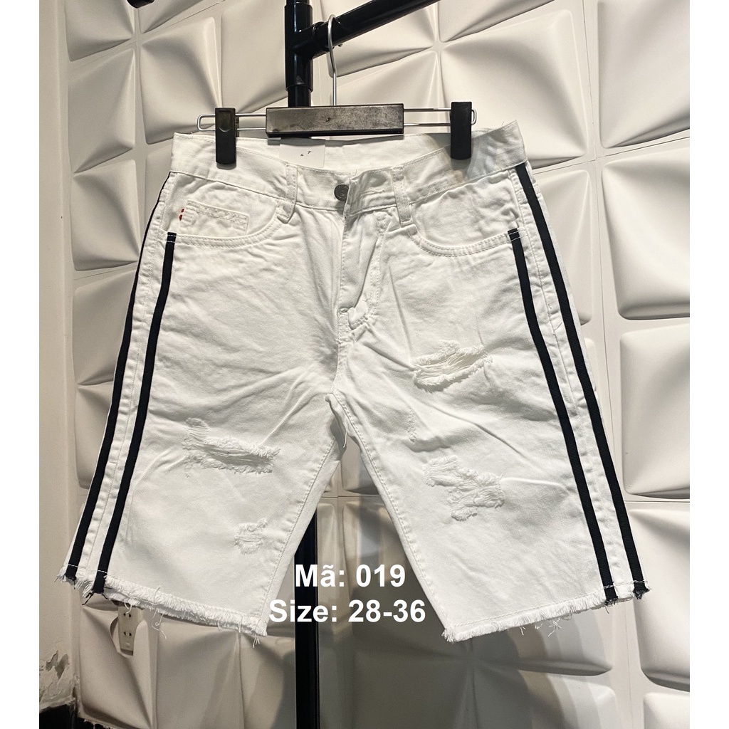 Quần đùi jean nam cotton không co dãn màu trắng tưa line chân mã 019 [tnhung]