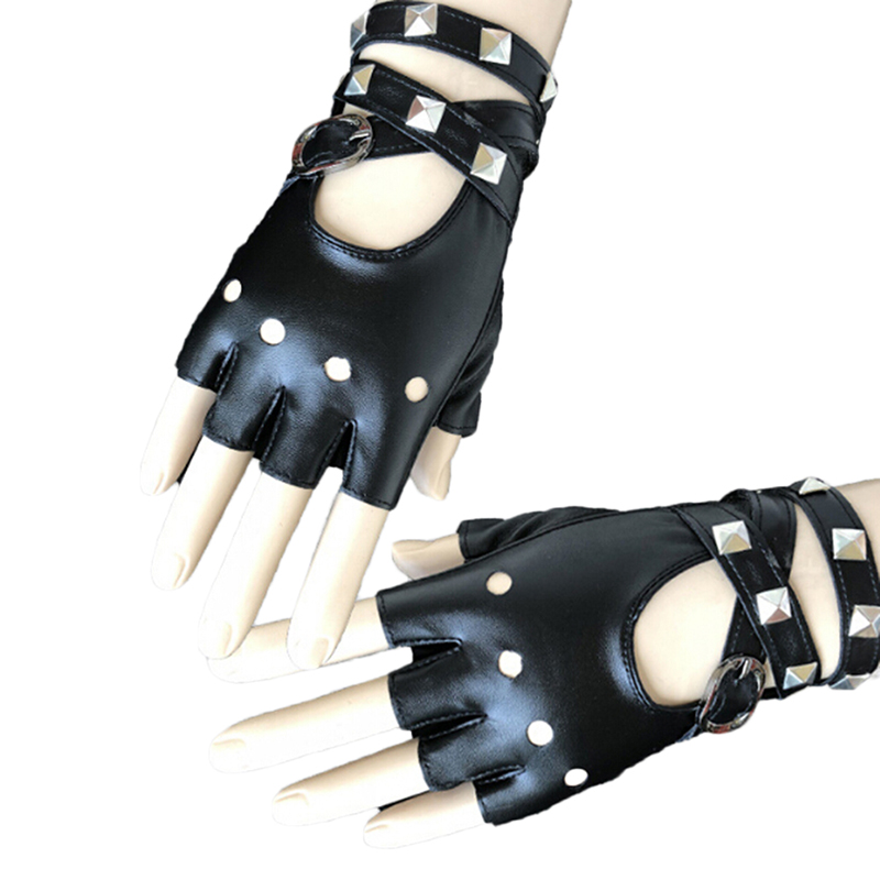 Găng Tay Da Hở Ngón Đính Đinh Tán Phong Cách Punk Halloween Cho Nữ