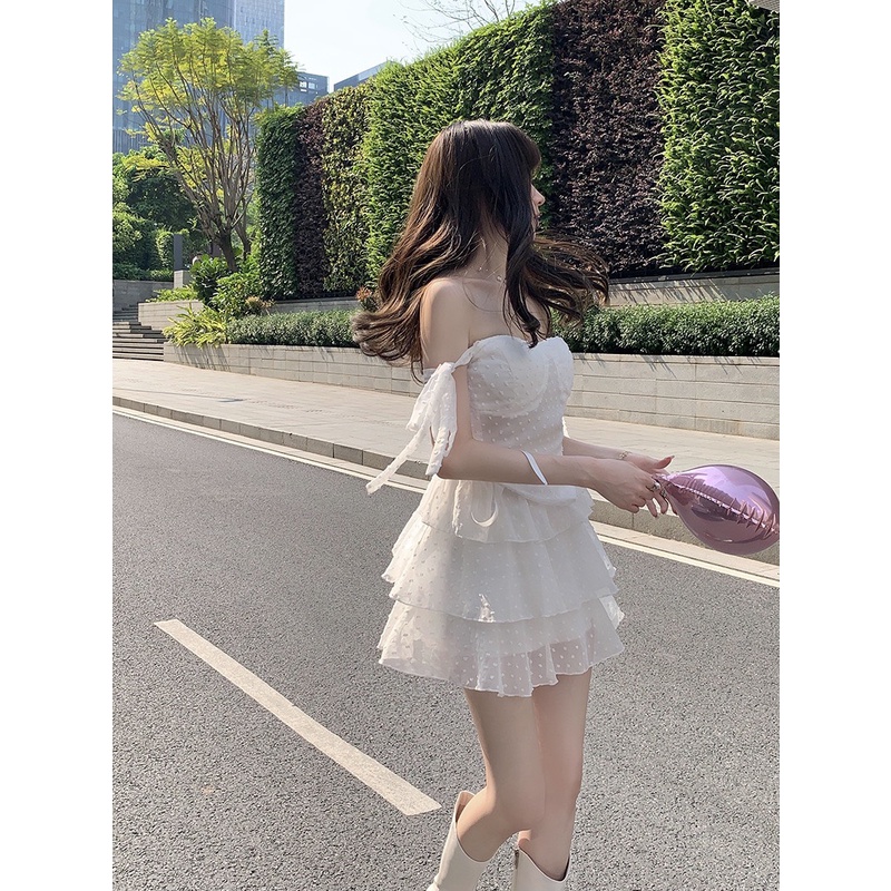 Set áo hai dây kèm chân váy dáng xòe tiểu thư chất ren bi phong cách ullazang