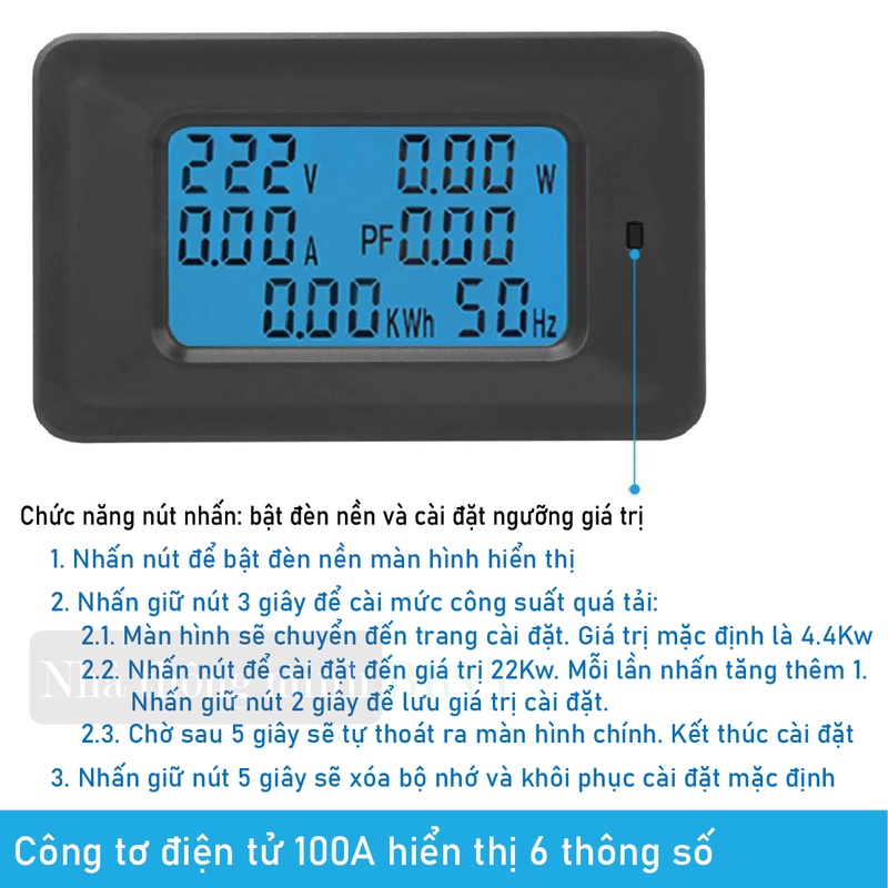 Công tơ điện tử 1 pha 6 thông số 100A -220VAC có đèn nền và reset - đồng hồ đo điện cảnh báo công suất