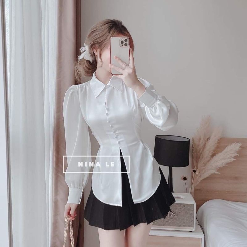 🌈 ÁO SƠ MI LỤA VAI BỒNG NÚT BỌC NƠ SAU LƯNG💥