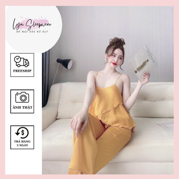 Đổ ngủ lụa satin, bộ mặc nhà quần dài áo 2 dây kiểu vạt xéo, chất vải đẹp, mát, may đẹp, phom rộng thoải mái dưới 55kg | BigBuy360 - bigbuy360.vn