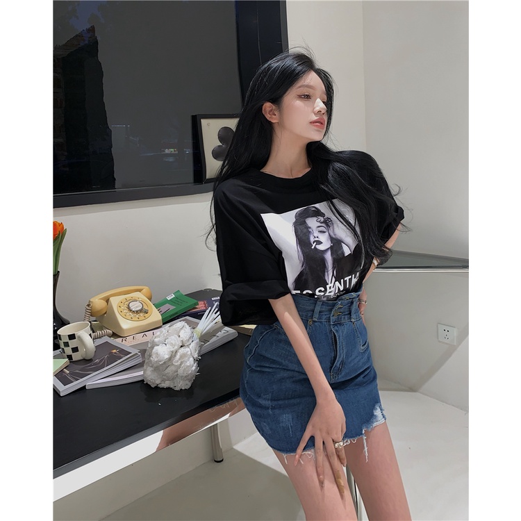 Set Áo Thun Ngắn Tay Form Rộng Và Chân Váy Denim Lưng Cao Thời Trang Mùa Hè Mới Phong Cách Hàn Quốc Cho Nữ