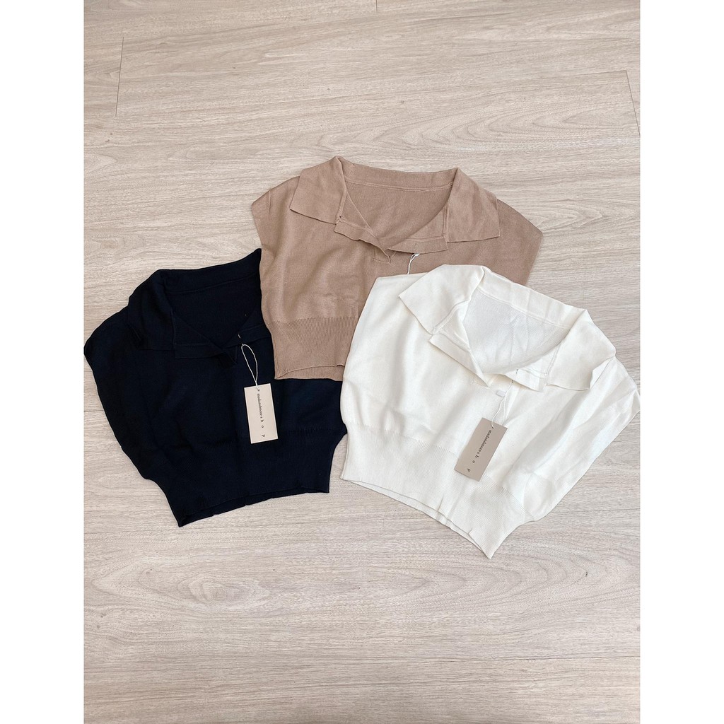 crop polo cộc tay đen - trắng - nude