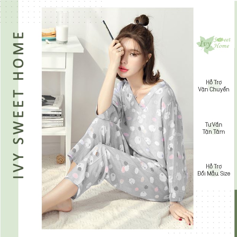 Bộ Ngủ Nữ Đồ Mặc Nhà Dài Tay Cổ Tim Lanh Lụa  Đồ Bộ Mặc Ngủ Nữ Dễ Thương Viscose  IVY607