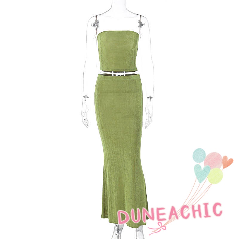 Set Áo Croptop 2 Dây + Chân Váy Dài Màu Trơn Thời Trang Cho Nữ