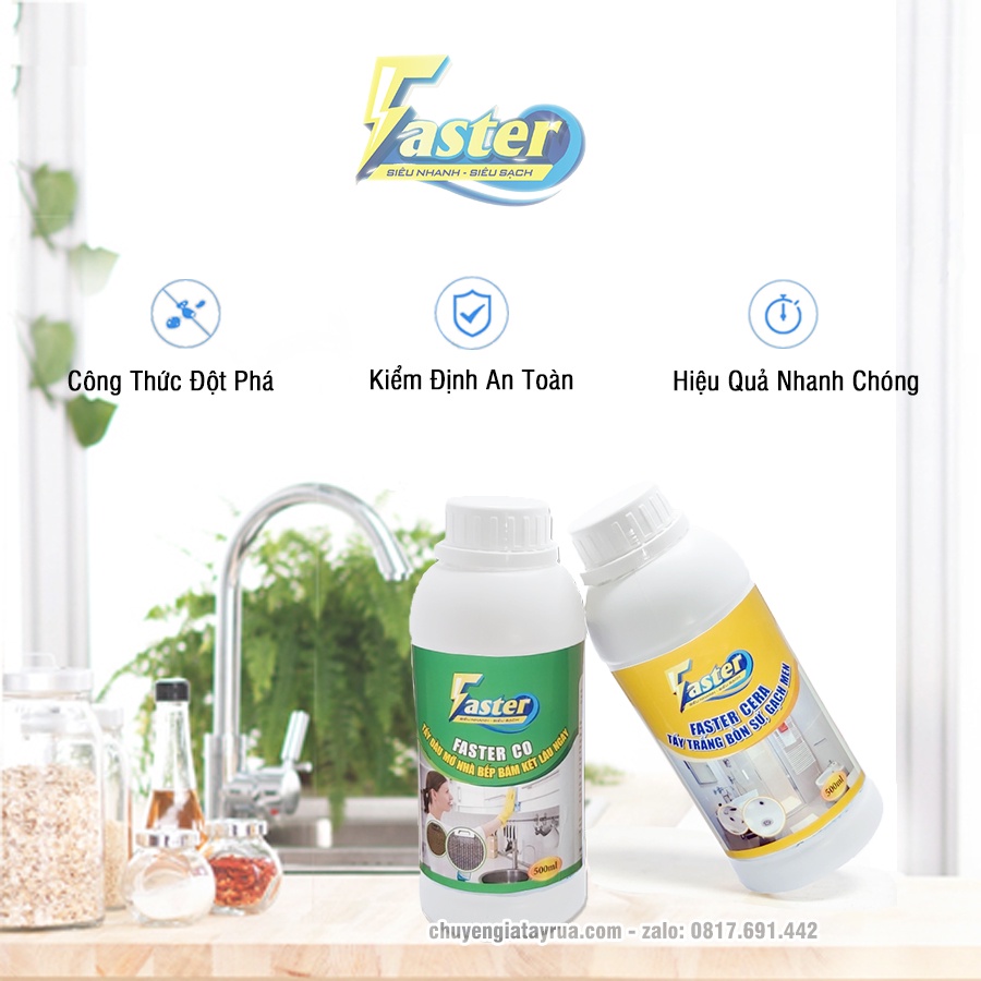 Combo Siêu Tẩy Dầu Mỡ Nhà Bếp, Chất Tẩy Đa Năng Nhà Bếp Faster 500ml (Kèm bộ phụ kiện 4 món)