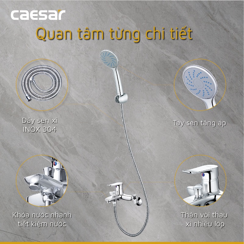 Vòi sen tắm nóng lạnh CAESAR S493C, tay sen 1 chế độ, voi hoa sen 2 đường nước, Cam kết chính hãng