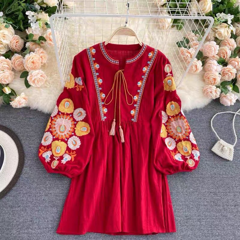 [HÀNG ORDER] Đầm baby doll thêu hoạ tiết hoa boho tay dài phồng dễ thương