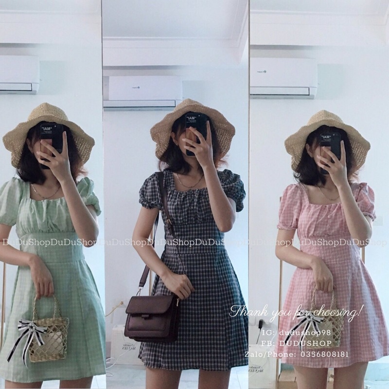 Váy kẻ khuy bọc tay bồng tông màu xinh xỉu tiểu thư Hàn Quốc -dd18