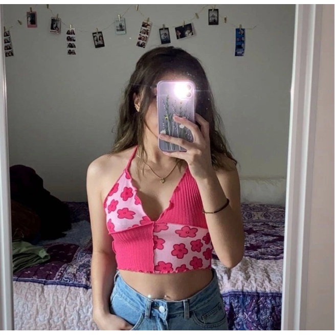 Áo croptop dây buộc qua cổ họa tiết đáng yêu