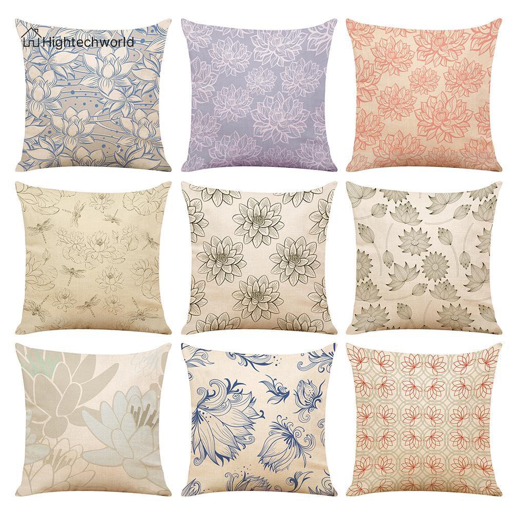 Hightechworld Lotus Printed Linen Pillowcases ​Waist Cushion Cover Sofa Seat Pillow Case