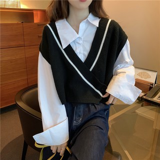 Set Áo Len Không Tay Màu Sắc Tương Phản Và Áo Vest Dệt Kim Phong Cách Hàn Quốc Trẻ Trung Dễ Phối Đồ