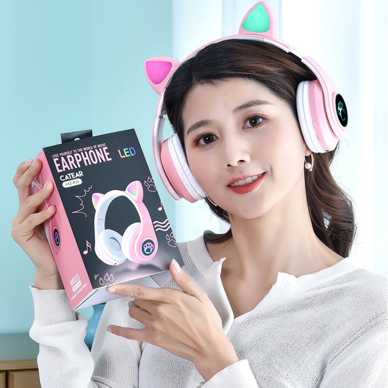 Tai Nghe Bluetooth 5.0 Không Dây Hình Tai Mèo Có Đèn Led Kèm Mic Cho Máy Tính / Điện Thoại