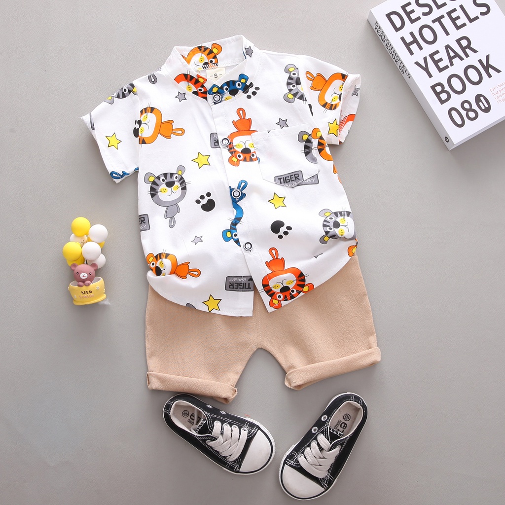 Set Đồ Mùa Hè 2 Món Gồm Áo Sơ Mi In Họa Tiết Ria Mép + Quần Dài Dễ Thương Cho Bé Trai Và Gái
