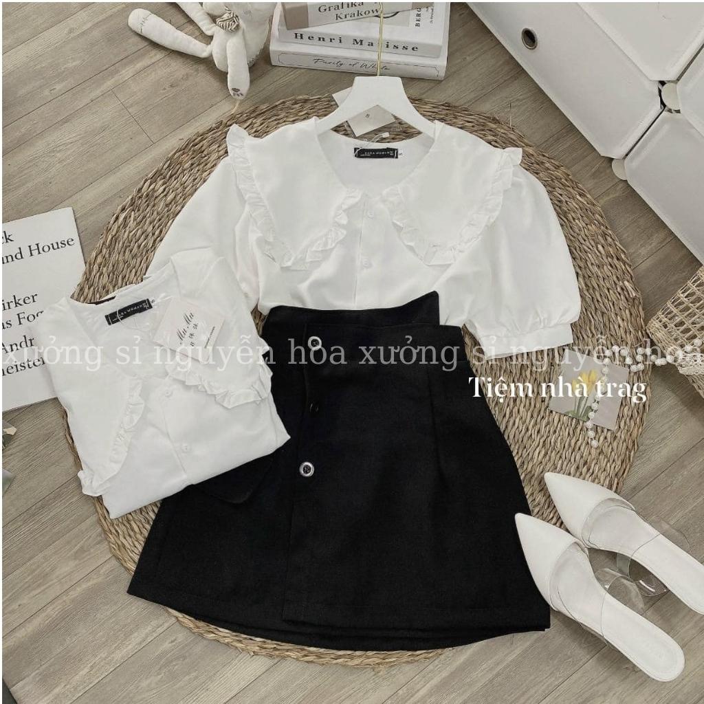 set áo sơ mi trắng cổ bèo ngắn tay mix chân váy xẻ vạt siêu xinh phong cách tiểu thư nữ tính Xưởng Sỉ Nguyễn Hoa