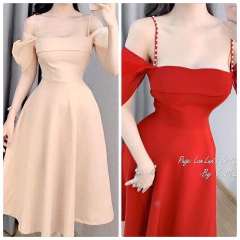 Đầm dự tiệc dạo phố rớt vai tay phối tơ sống