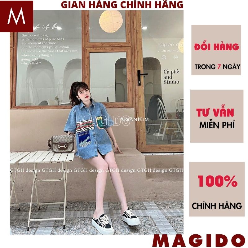 Áo sơ mi jeans bò cộc tay cổ đức in hình AB01 kiểu dáng hàn quốc ulzzang dáng suông form rộng cực kute -MAGIDO