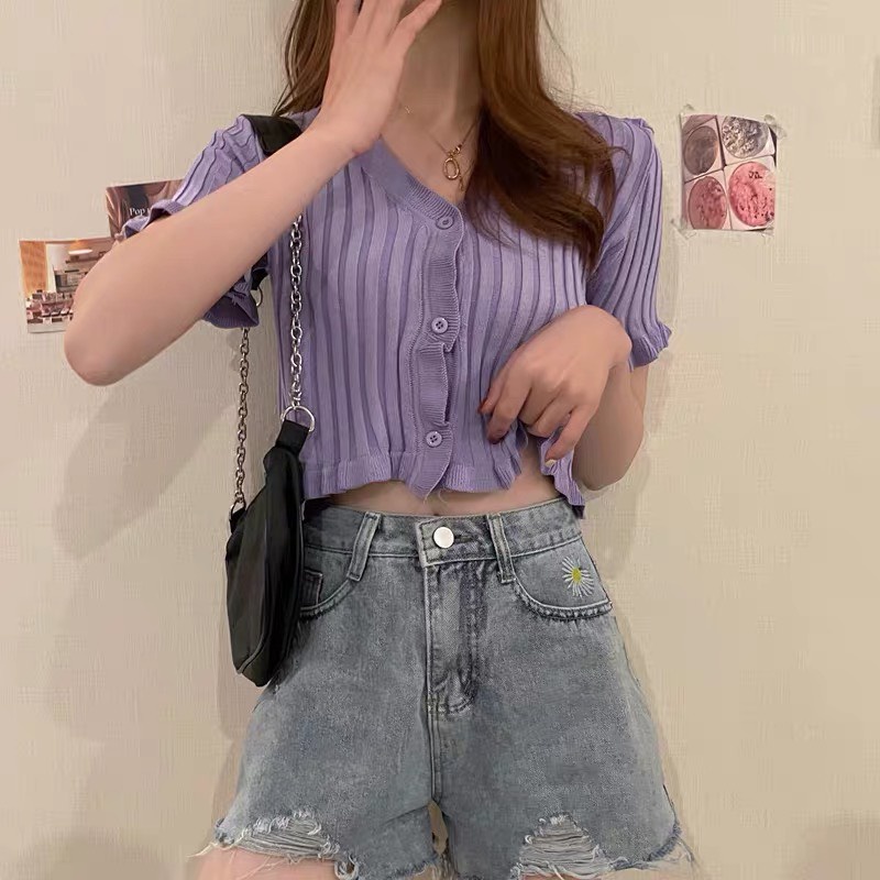Áo Croptop phông nữ sexy dệt kim blackpink Ngắn Tay Cổ Chữ V Màu Trơn Phong Cách Hàn Quốc