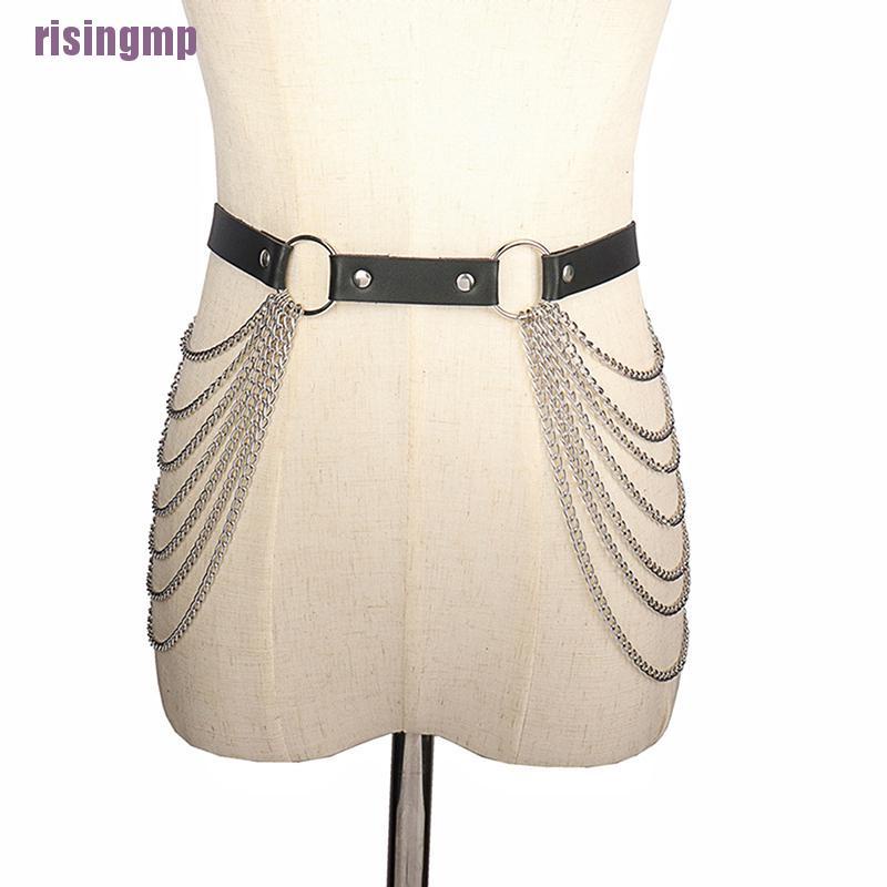 Thắt Lưng Da Màu Đen Phối Dây Xích Phong Cách Gothic